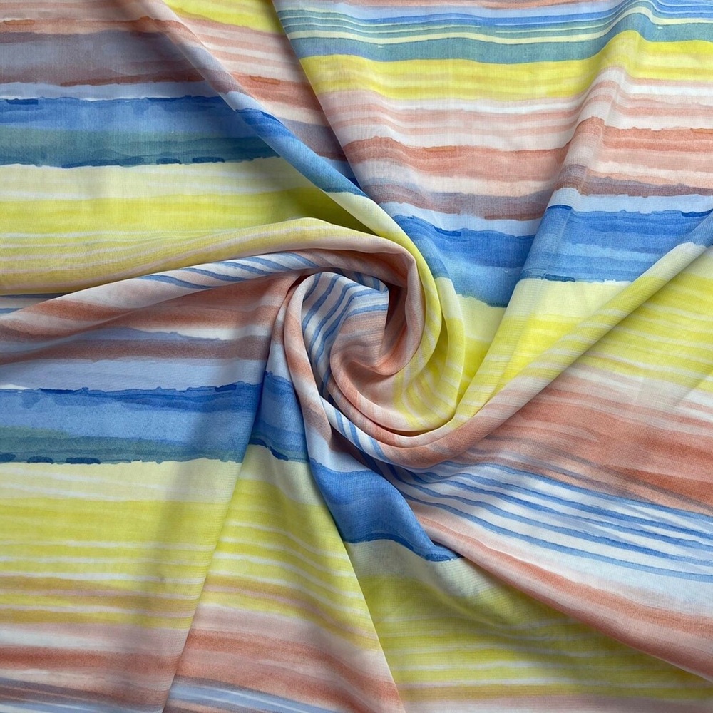Yellow Multicolor Striped Print Chiffon Sheer Fabric - 1 Yard